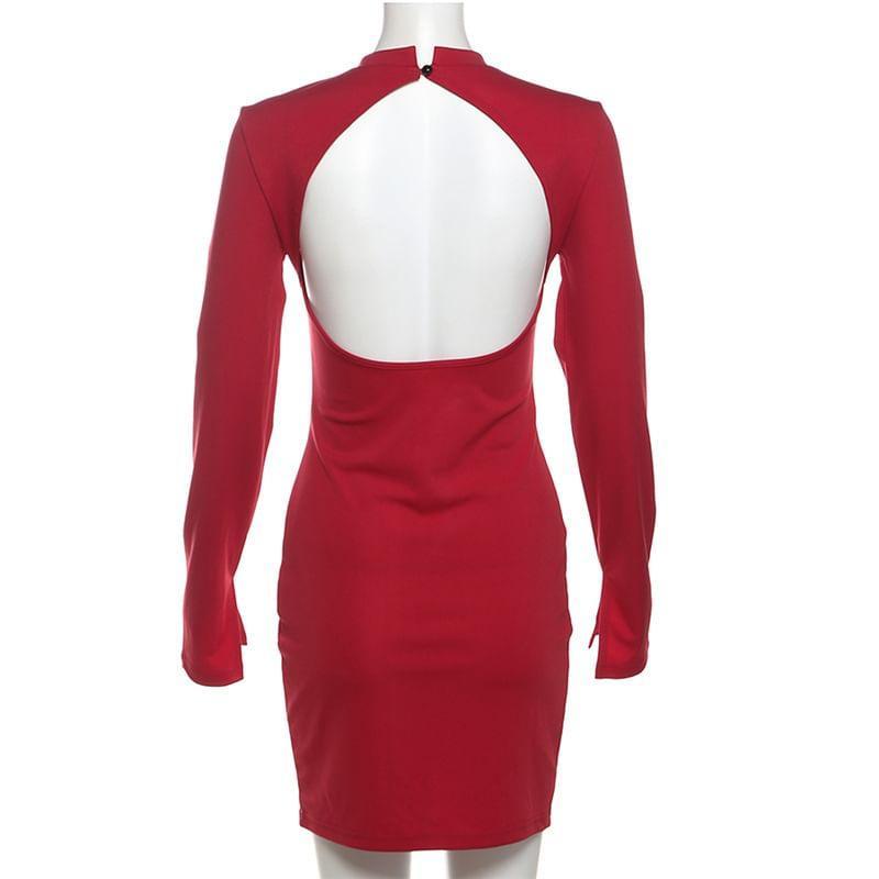 Long Sleeve Round Neck Plain See-Through Mesh Panel Bodycon Mini Dress Product Image