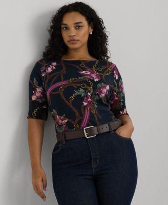 Plus Size Floral Elbow-Sleeve Tee Product Image