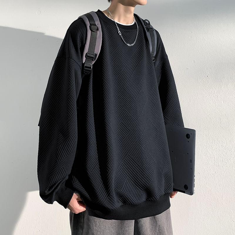 Puff-Sleeve Round Neck Plain Oversized Pullover Product Image