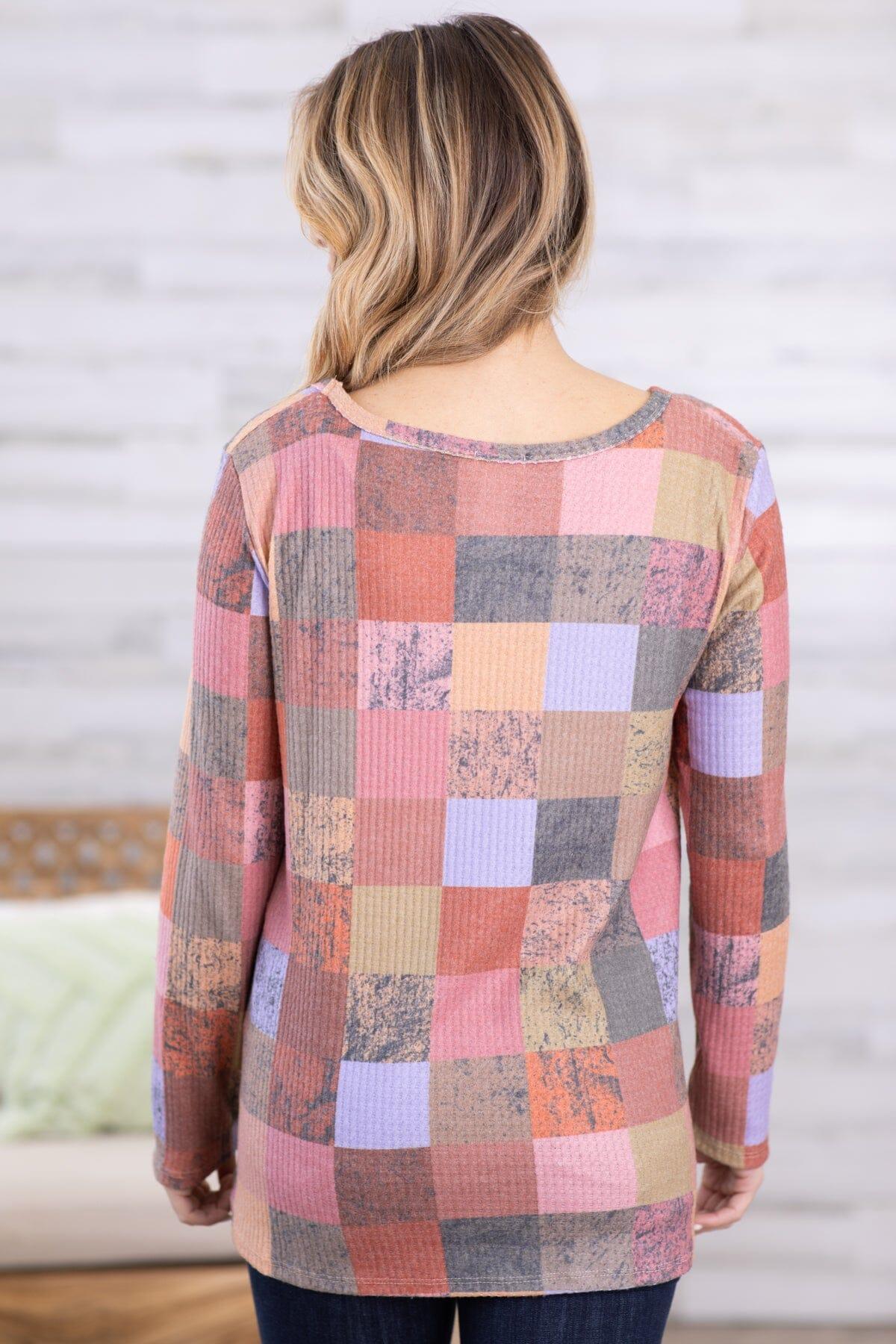 Dusty Rose Multicolor Checkerboard Print Top Product Image