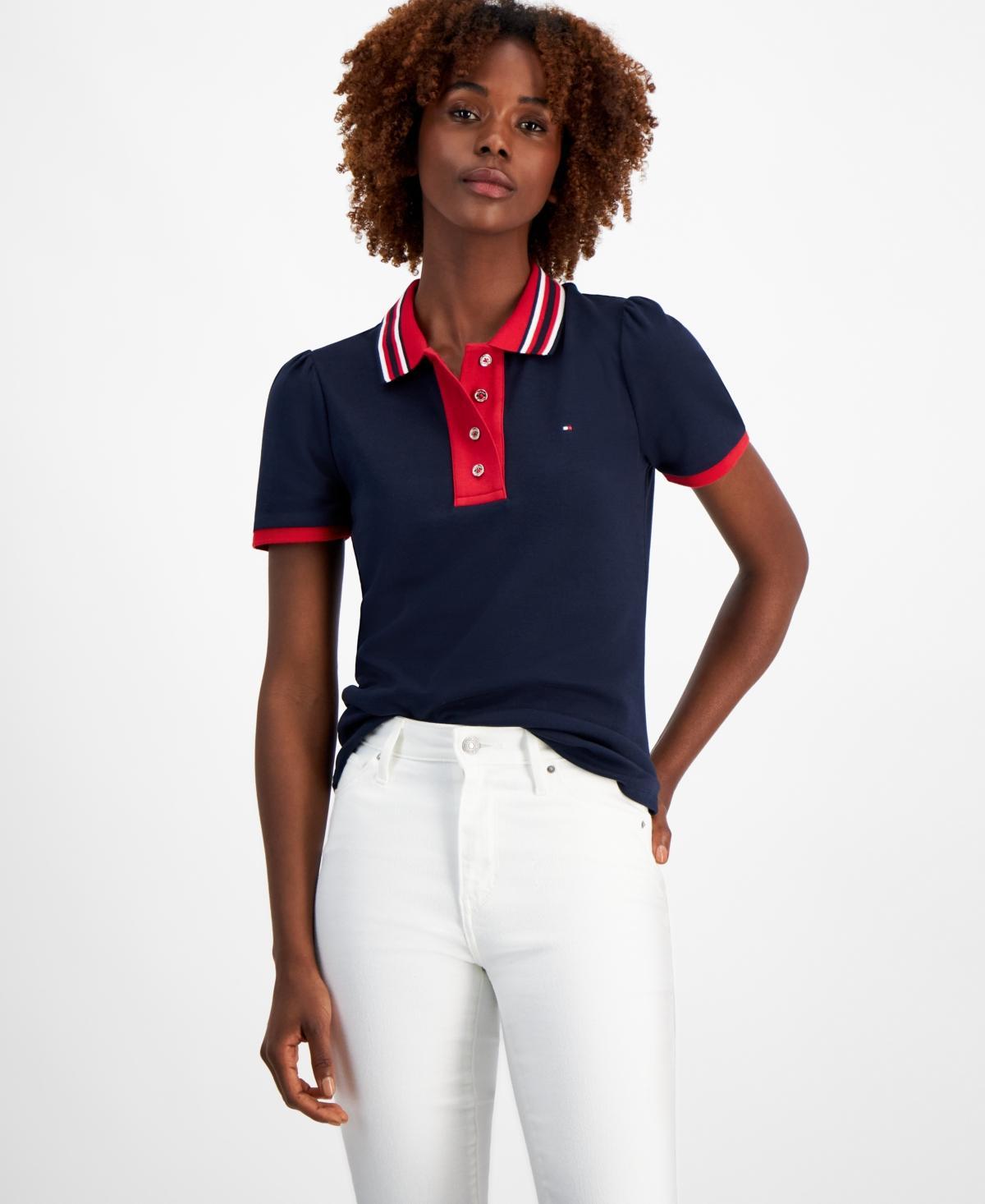 Tommy Hilfiger Womens Cotton Contrast Puff-Sleeve Polo Product Image