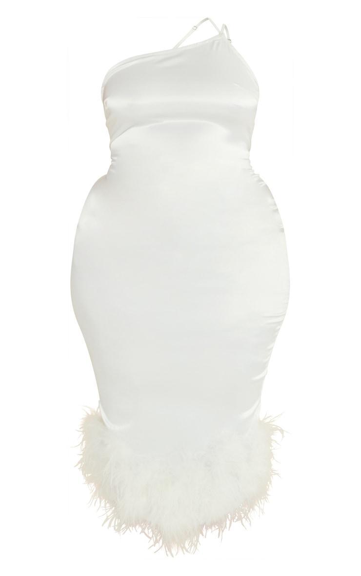  Plus Cream Satin Feather Trim One Shoulder Midi Dress Product Image