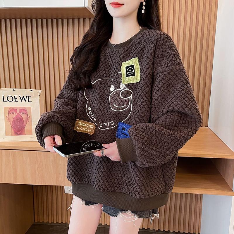 Crew Neck Bear Embroidered Applique Fleece Pullover Product Image