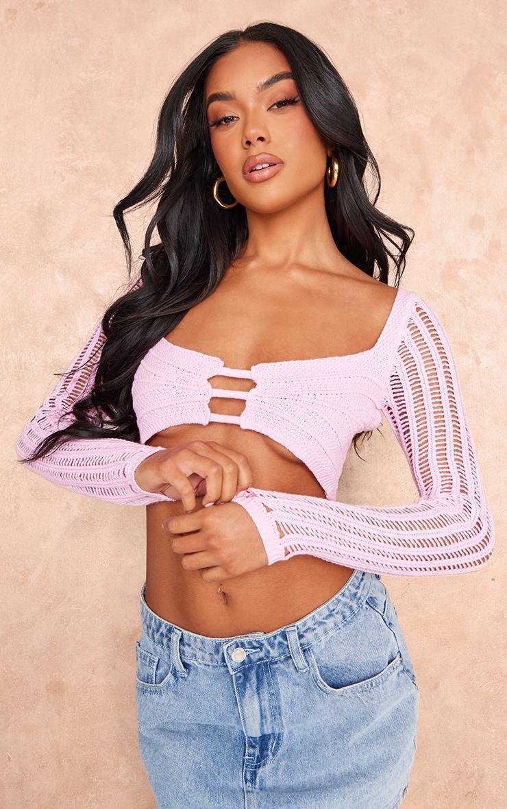 Pink Crochet Knit Cut Out Contrast Sleeve Crop Top Product Image