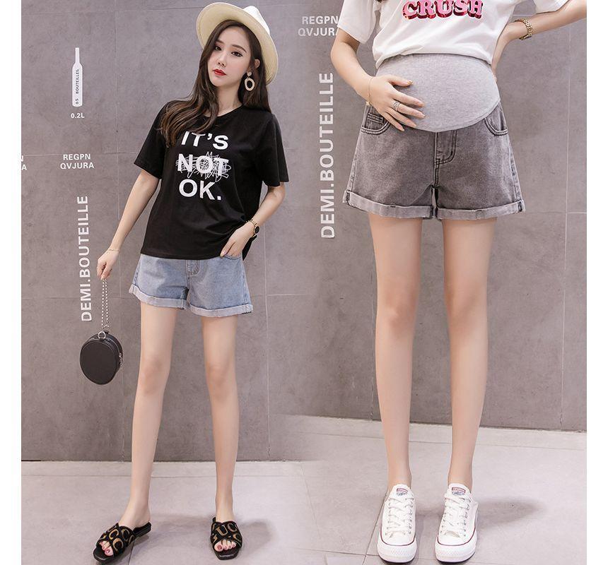 Maternity High Waist Washed Denim Shorts Product Image