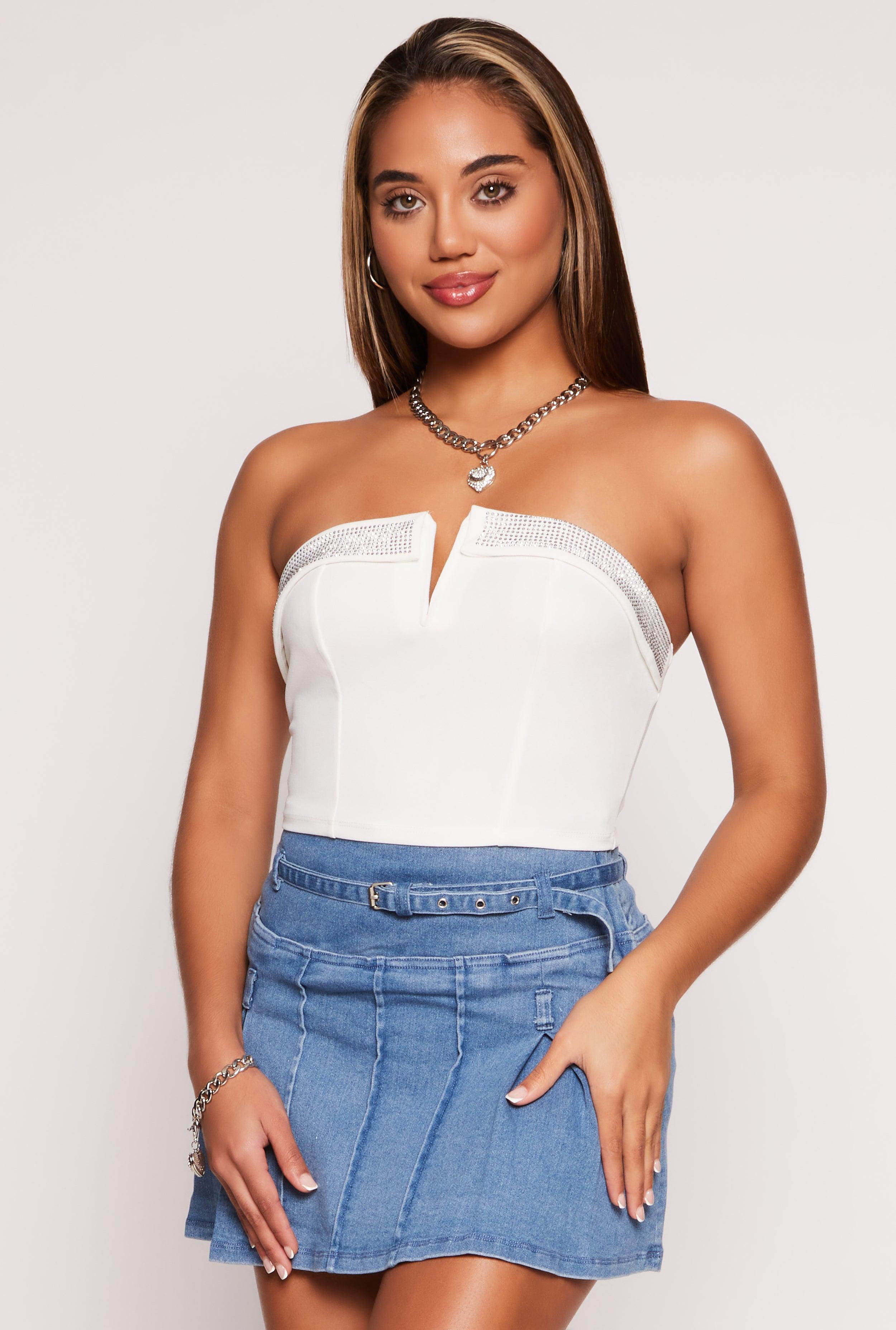 Womens Crepe Knit Rhinestone Trim Tube Top Product Image