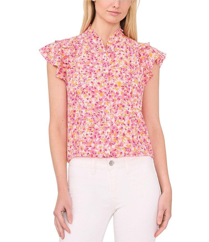 CeCe Crew Neck Short Sleeve Button Front Floral Blouse Product Image