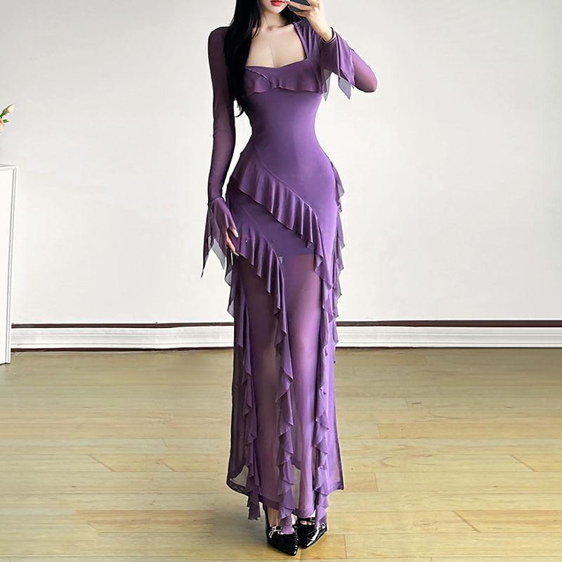 Long Sleeve Square Neck Plain Ruffle Panel Mesh Maxi Sheath Dress Product Image