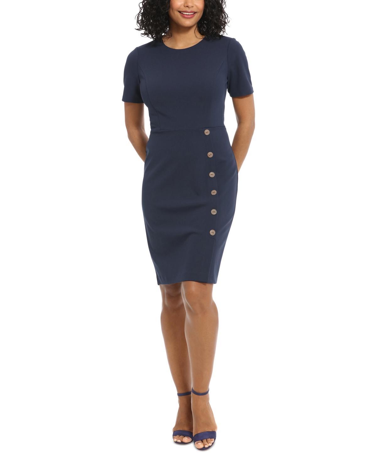 London Times Short Sleeve Crew Neck Side Button Detailing Scuba Crepe Sheath Dress Product Image