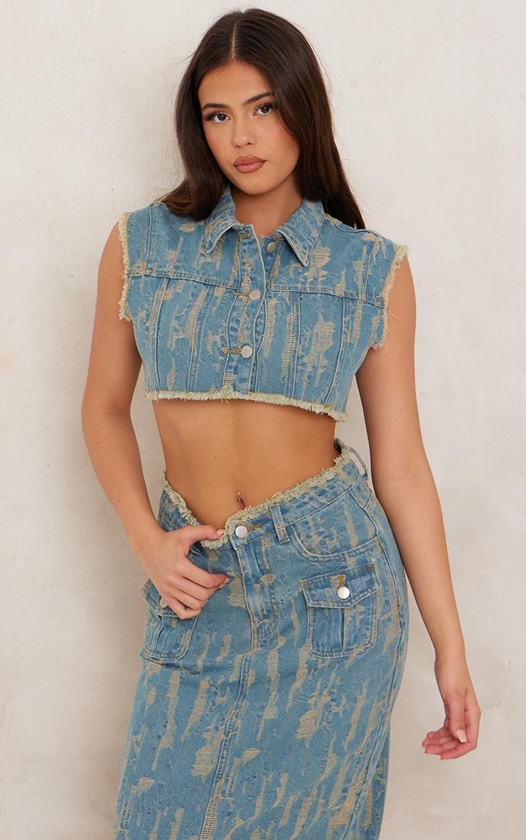 Vintage Wash Distressed Button Up Crop Vest Product Image