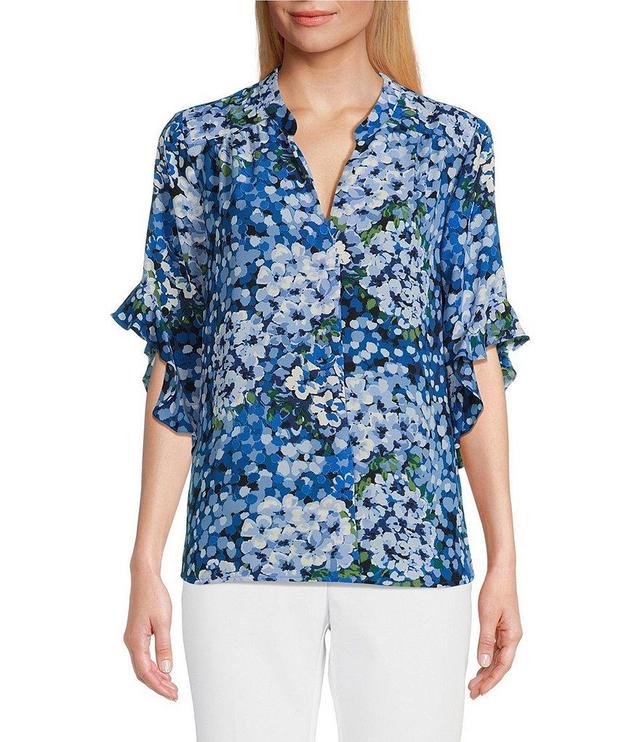 Investments Petite Size Laikyn Signature Upbeat Bloom Print V-Neck 3/4 Ruffled Sleeve Top Product Image