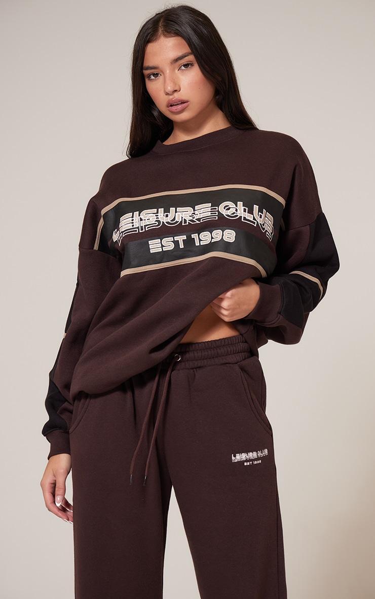 Dark Brown Print Embroidered Leisure Club Sweatshirt Product Image