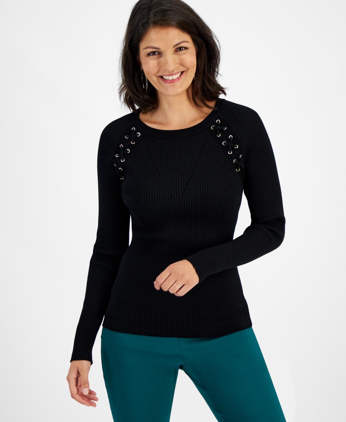 I.n.c. International Concepts Womens Lace-Up Ribbed-Knit Sweater, Created for Macys Product Image