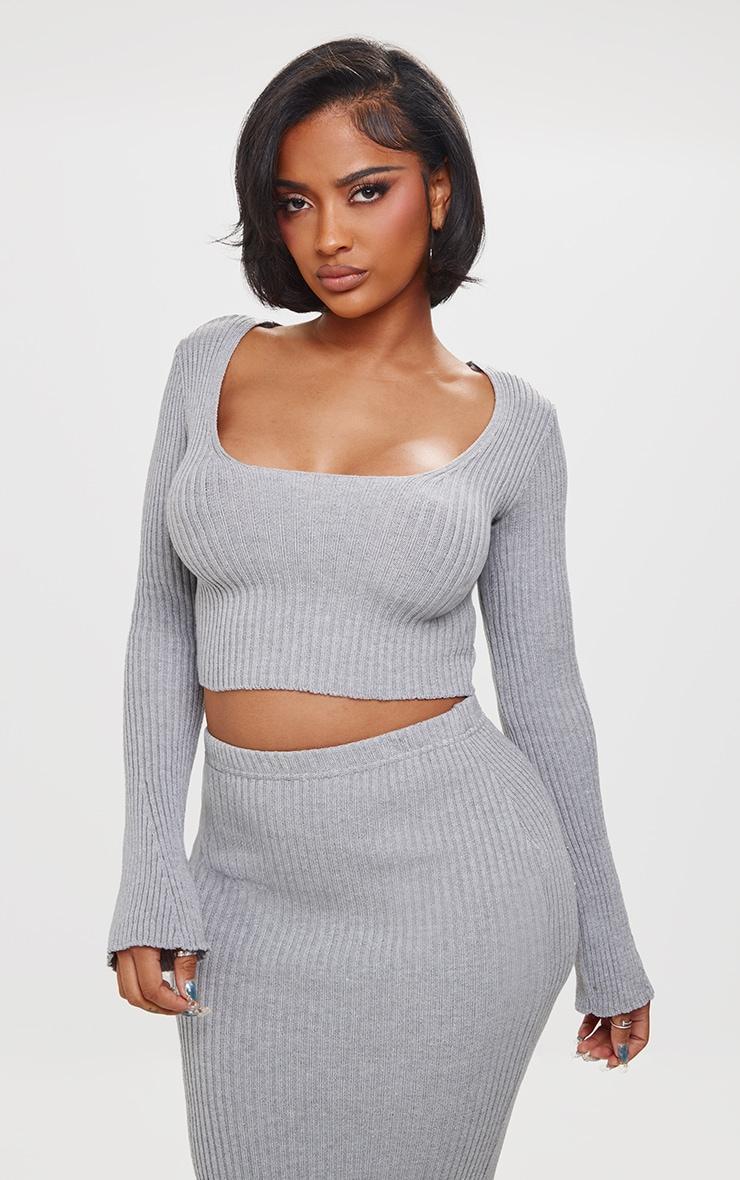 Shape Grey Knit Ribbed Long Sleeve Plunge Crop Top Product Image