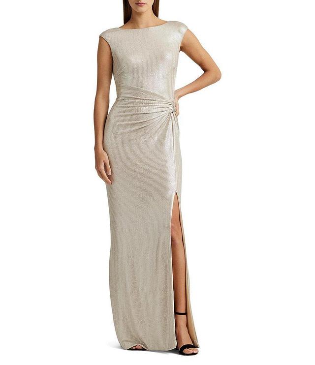 Lauren Ralph Lauren Metallic Boat Neckline Sleeveless Gown Product Image