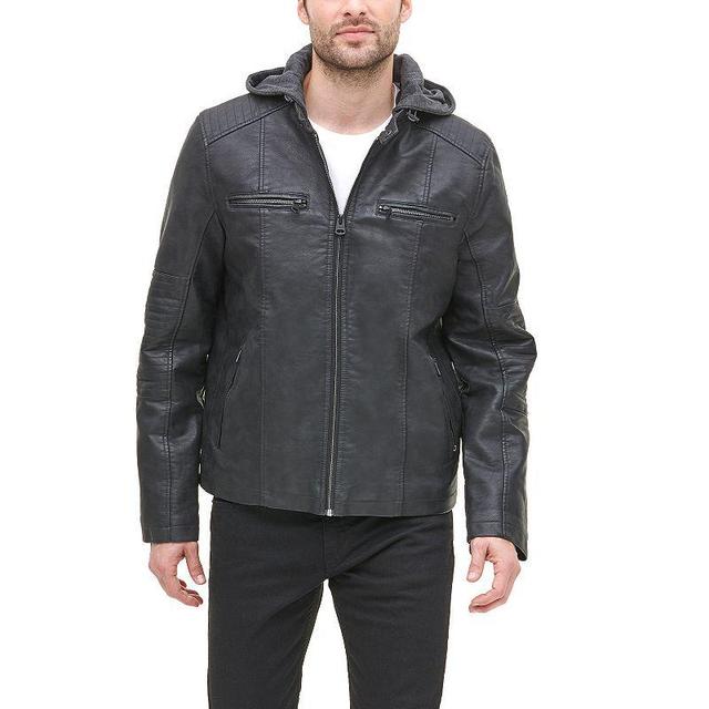 Mens Levis Faux-Leather Hooded Racer Jacket Black Product Image