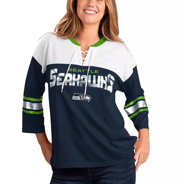 Womens G-III 4Her by Carl Banks College /White Seattle Seahawks Double Team Three-Quarter Sleeve Lace-Up T-Shirt Blue Product Image