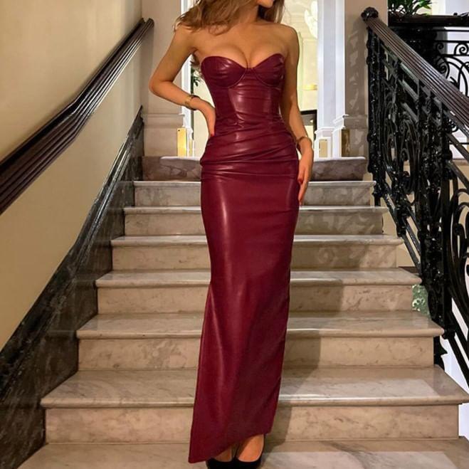 Strapless Plain Ruched Slit Faux Leather Maxi Bodycon Dress Product Image