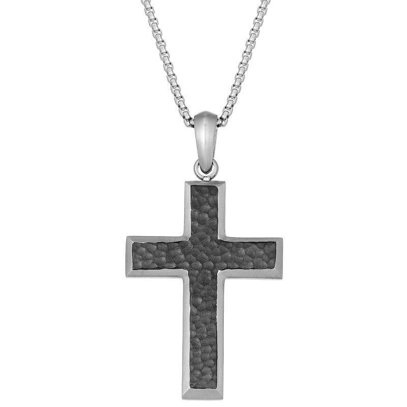 Mens LYNX Black Ion-Plated Stainless Steel Hammered Cross Pendant Necklace Product Image