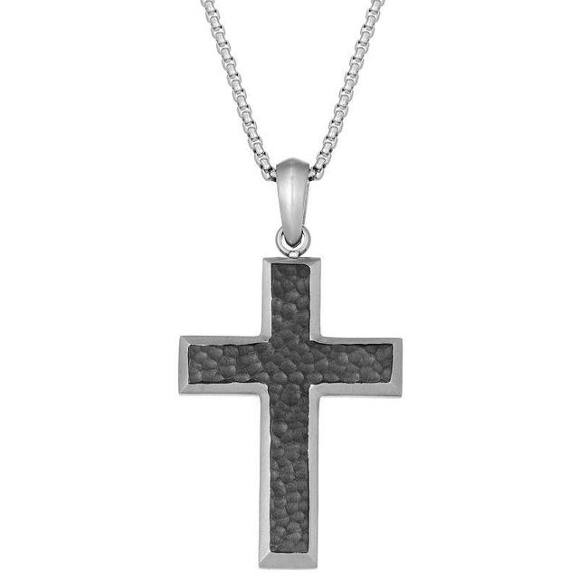 Mens LYNX Black Ion-Plated Stainless Steel Hammered Cross Pendant Necklace Product Image