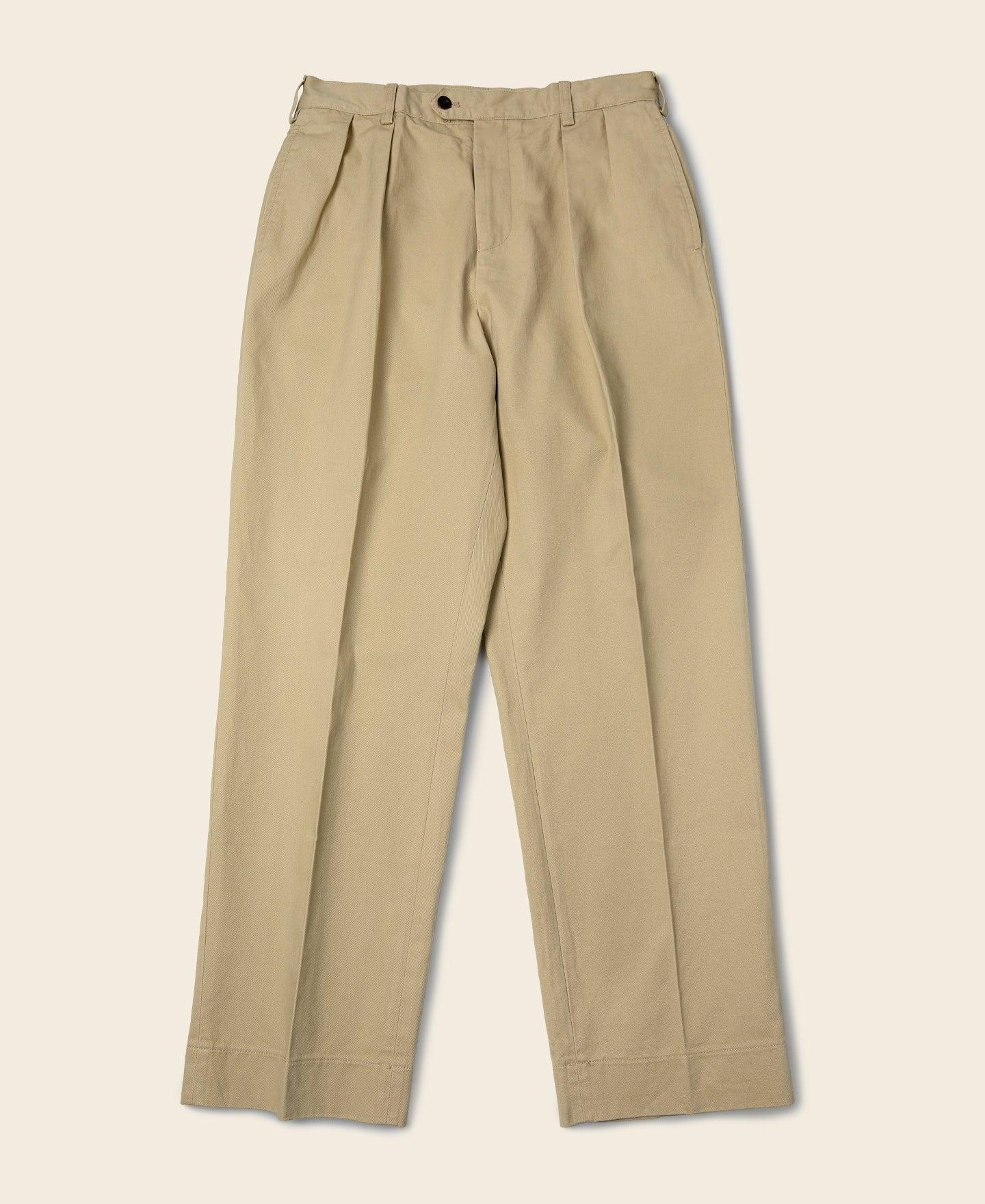 1930s IVY Style Double Pleated Chino Trousers - Khaki Product Image