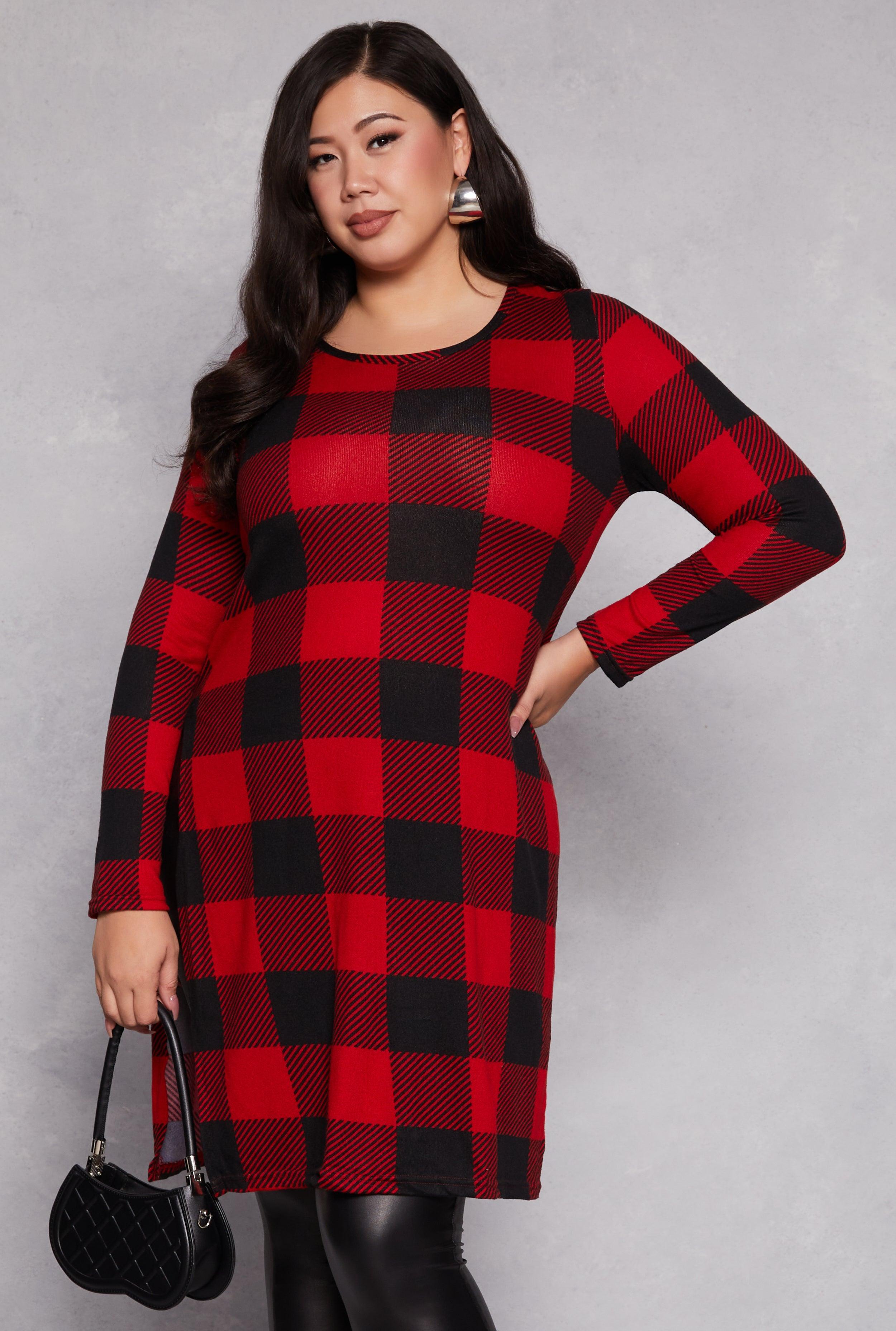 Womens Plus Size Buffalo Plaid Side Slit Tunic Top Product Image