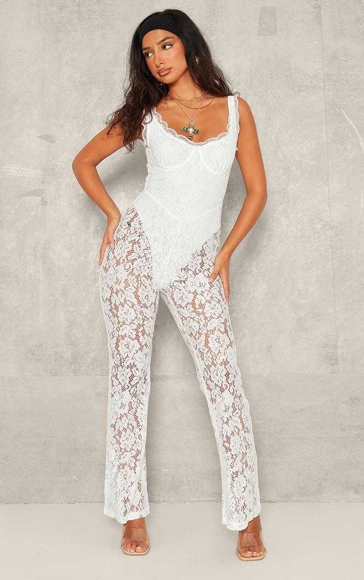 Petite White Lace Boning Detail Strappy Flared Jumpsuit Product Image