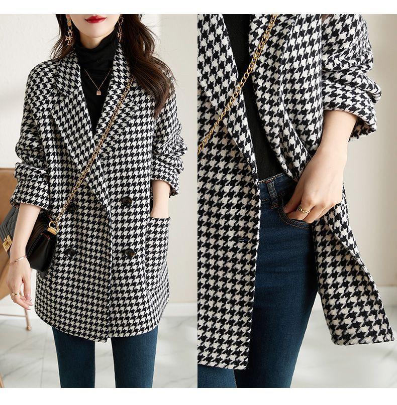 Notch Lapel Houndstooth Double-Breasted Coat Product Image