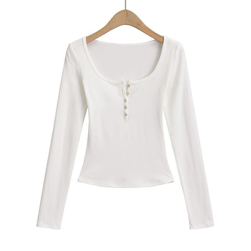 Long Sleeve Henley Scoop Neck Plain Crop T-Shirt Product Image