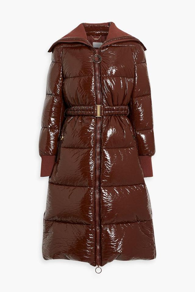 Belted Quilted Vinyl Down Coat In Brown Product Image