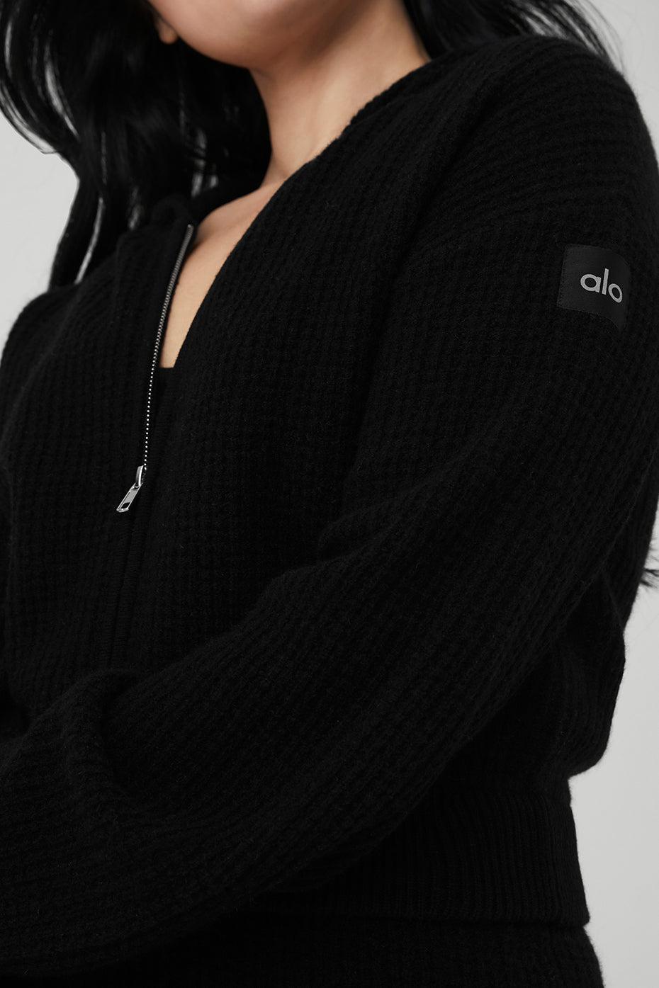 Cashmere Plush Waffle Full Zip Hoodie - Black Female Product Image