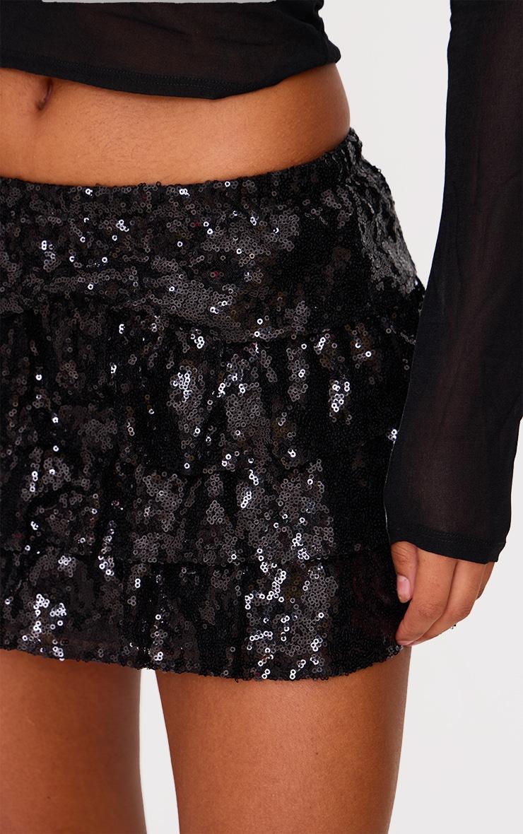 Black Sequin Frilly Tiered Mini Skirt Product Image