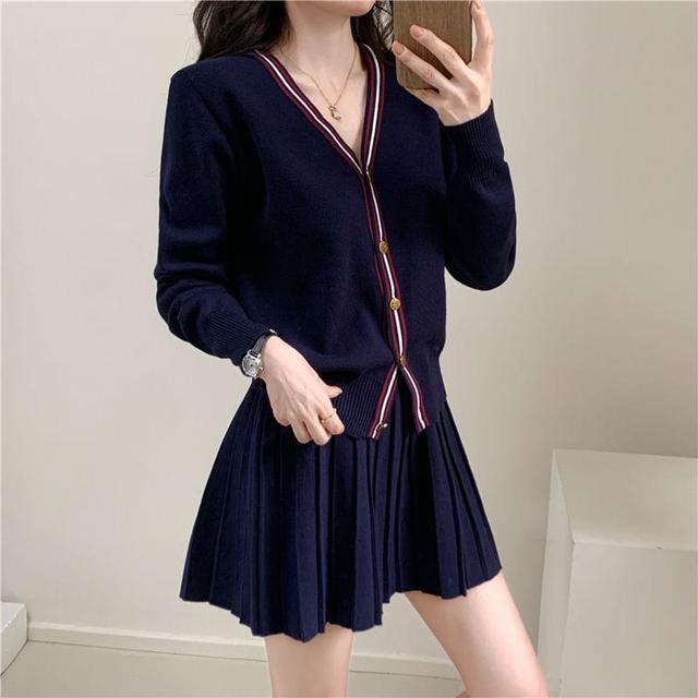 Set: V-Neck Contrast Trim Button-Up Cardigan + High Waist Plain Pleated Knit Mini A-Line Skirt Product Image