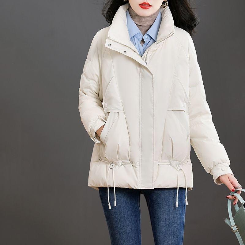 Stand Collar Plain Drawstring Zip Puffer Jacket Product Image