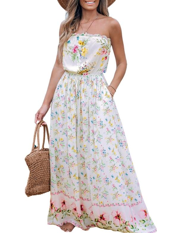 Cupshe Womens Soft Floral Tie Waist Maxi Tube Beach Dress Product Image