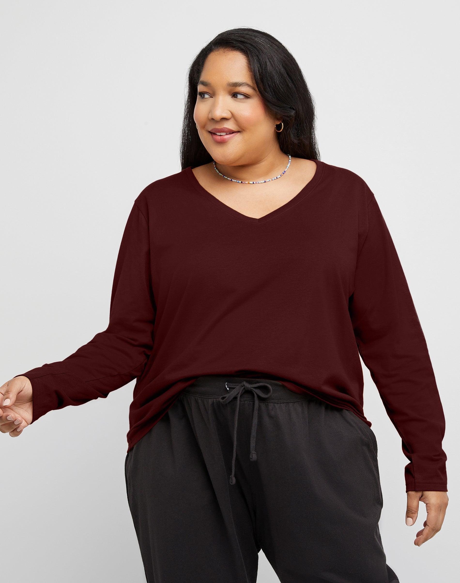 Hanes Womens Long Sleeve V-Neck Cotton T-Shirt (Plus Size) Deep Dive 1X Product Image