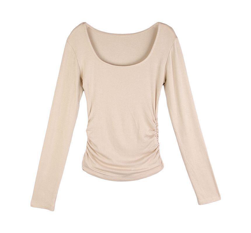 Long-Sleeve Scoop Neck Plain Slim Fit T-Shirt Product Image