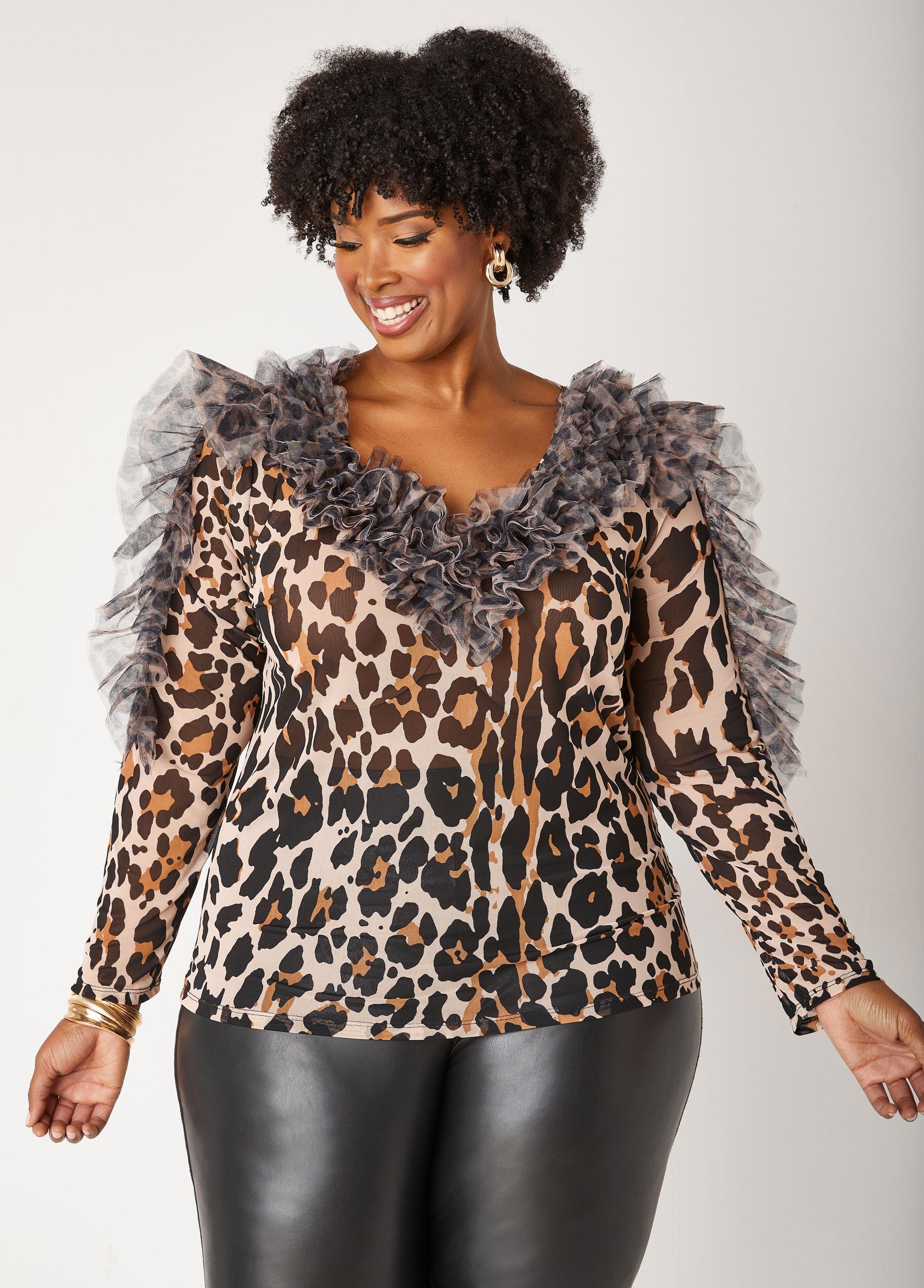 Plus Size Ruffled Leopard Print Mesh Top Ashley Stewart Product Image