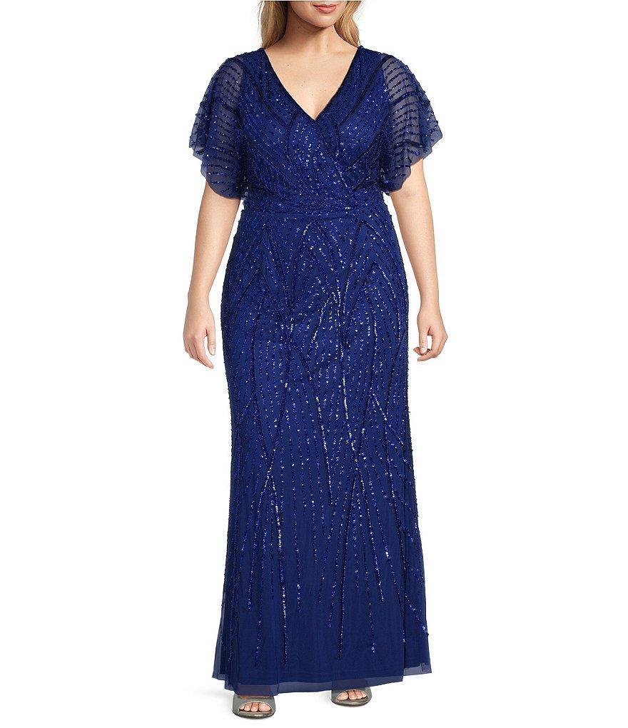 Adrianna Papell Plus Size Beaded V-Neck Short Flutter Sleeve Mermaid Gown Product Image