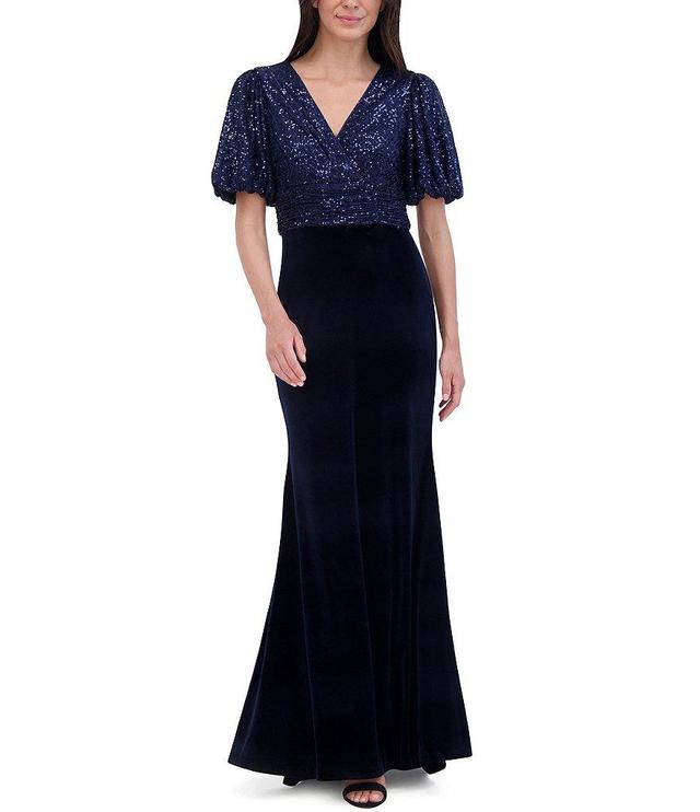 Eliza J Sequin Bodice Surplice V-Neck Short Puff Sleeve Velvet Gown Product Image