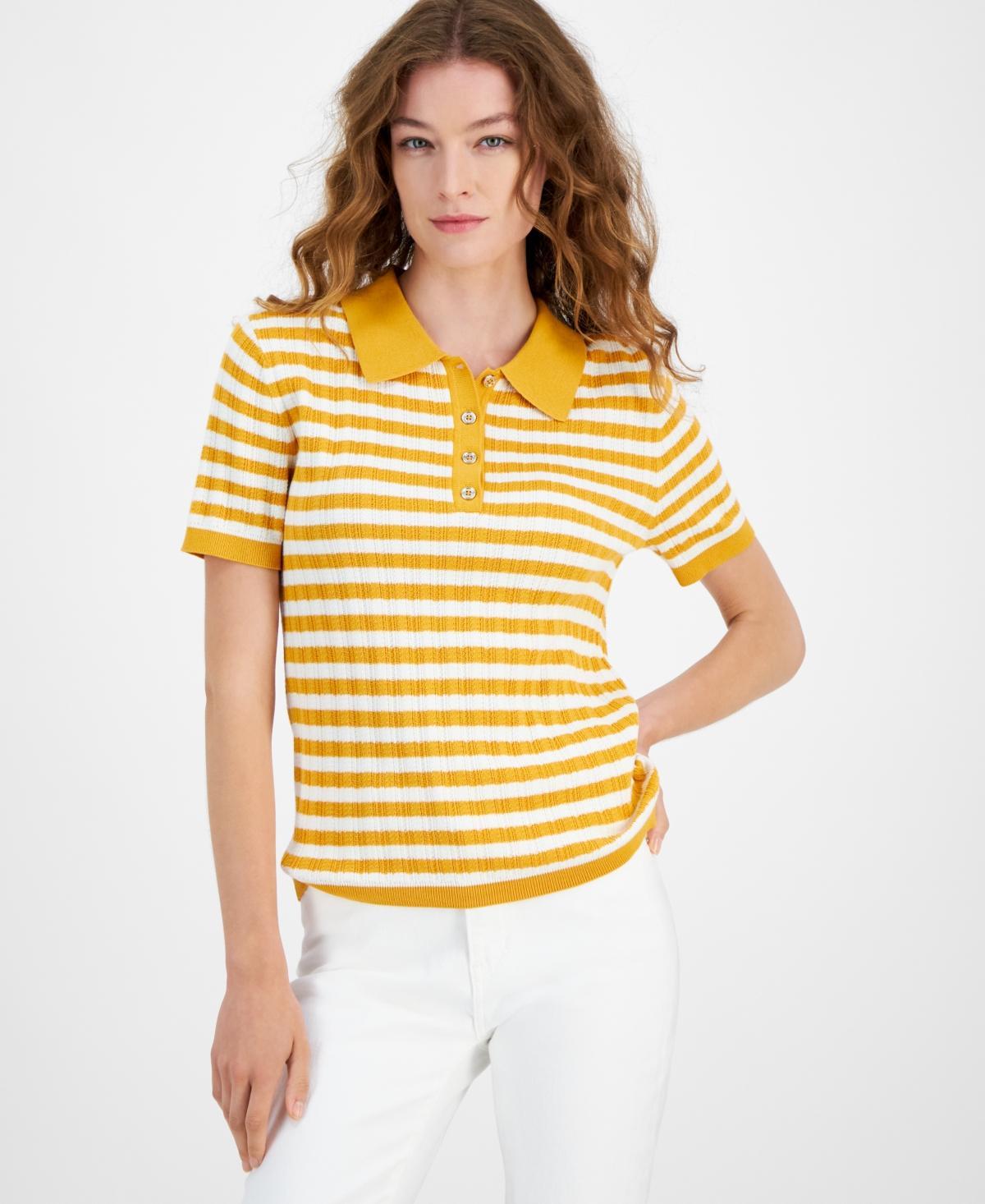 Tommy Hilfiger Womens Striped Short-Sleeve Polo Sweater - Sunflwr Product Image