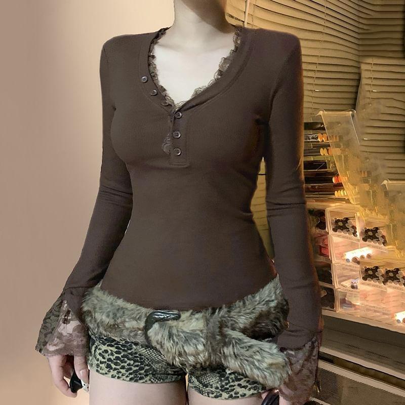 Long-Sleeve V-Neck Lace Trim Top Product Image