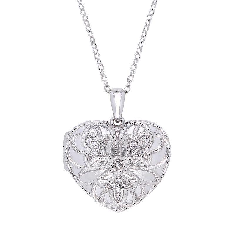 Stella Grace Sterling Silver Diamond Accent Vintage Filigree Heart Locket, Womens White Product Image