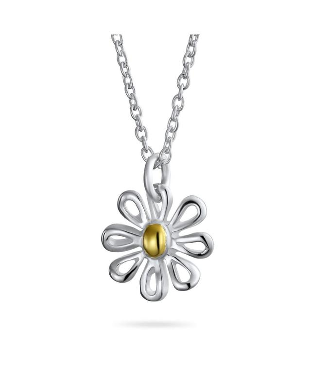 Bling Jewelry Summer Spring Time Two Tone Charm Sunflower Daisy Flower Pendant Necklace For Women Yellow Gold Plated Sterling Silver Product Image