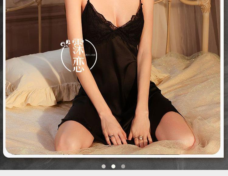 Spaghetti Strap V-Neck Plain Panel Lace Nightdress Product Image