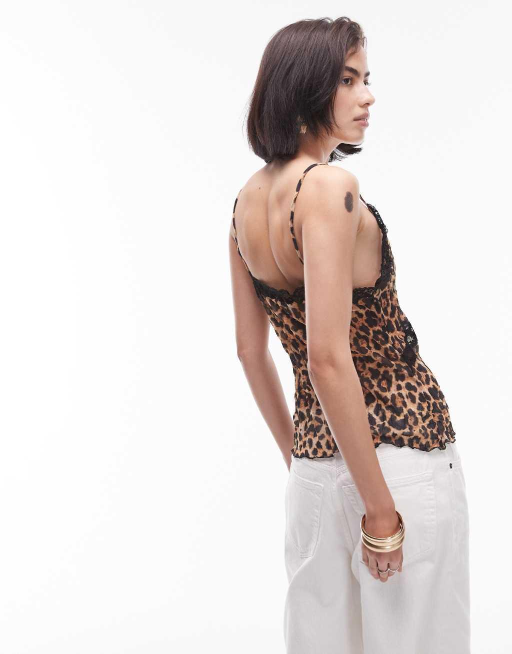 Topshop leopard lace cami in brown Product Image