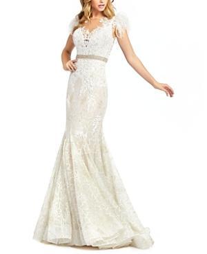 Mac Duggal Illusion Sequin Lace Feather Sleeve Mermaid Gown Product Image