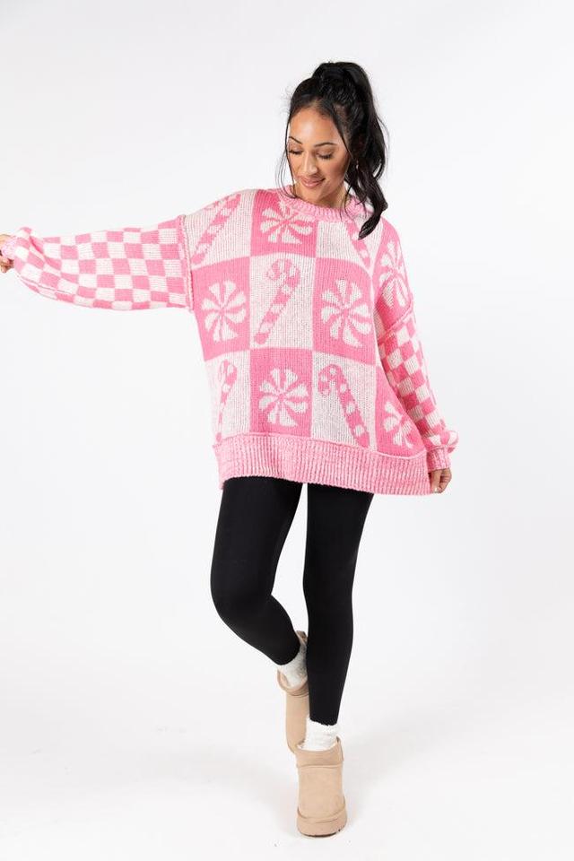 Candy Cane Lane Candy Pattern Sweater Pink FINAL SALE Product Image