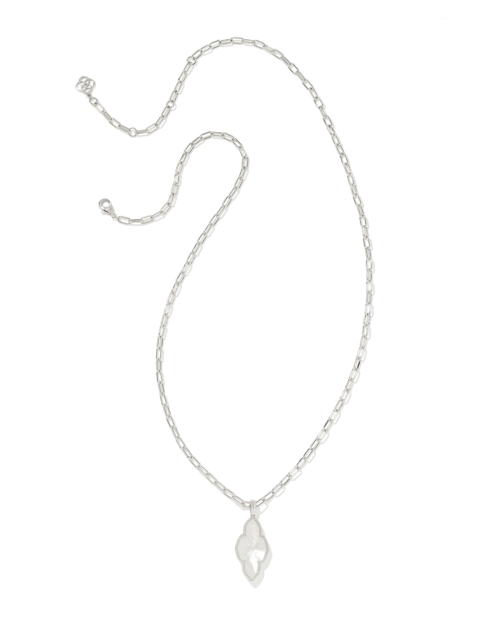 Abbie Silver Pave Frame Large Long Pendant Necklace in Ivory Mother-of-Pearl Product Image