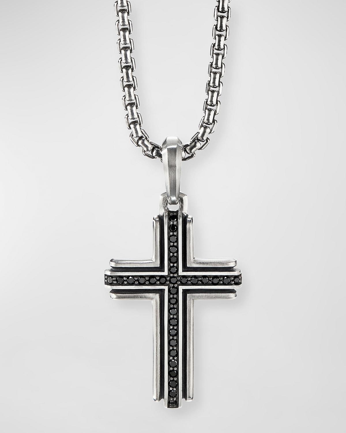 Mens Pav Black Diamond Sterling Silver Deco Cross Pendant Product Image